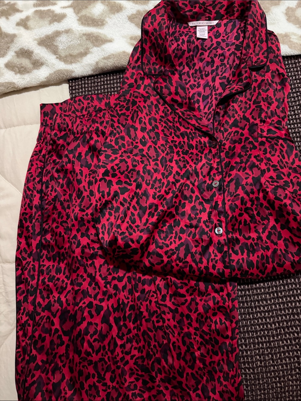 Victoria's Secret Red and Black Leopard Satin Pajama Set